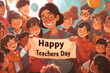 smiling teacher with a diverse group of students holding a banner that reads Happy Teachers Day