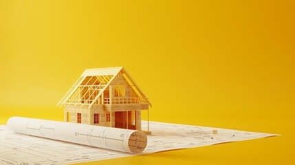 construction project, house under construction on blueprint, yellow background with copy space