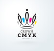 Logo CMYK Printing theme. Abstract Crown lines silhouette and Ink dots. Template design vector. White background.
