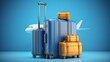 luggage or baggage and planes placed on passport for making advertising media about tourism and all object on blue background, vector 3d on blue background for travel and transport concept design