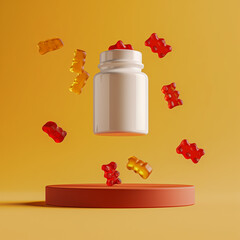 A captivating image featuring a white pet supplement bottle suspended mid-air with six red gummy bears scattered around, set against a gradient yellow-orange background. The floating bottle 