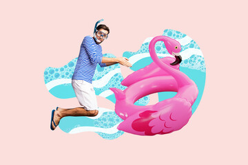 Sticker - Composite photo collage of excited man wear swim equipment mask tube dive lifebuoy flamingo ocean swimmer isolated on painted background