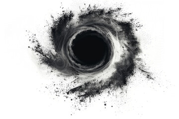 black hole surrounded by swirling gas and dust, against a white background to highlight its mysterio