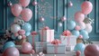 Gifts and balloons blue party background