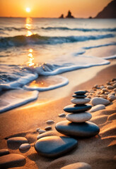 Wall Mural - Zen stones on the beach near sea, blurred background, warm sunset light