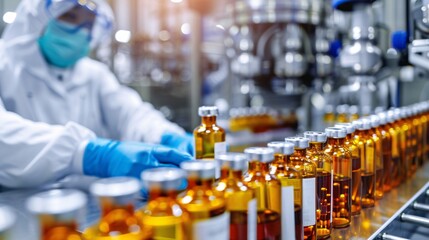 Wall Mural - a man in a white lab coat is working on a line of bottles