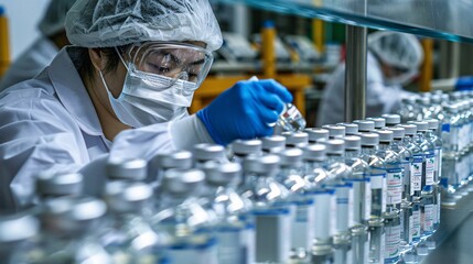 Wall Mural - a man in a lab coat is working with a bottle of medicine