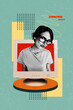 © deagreez - Vertical photo collage of it master girl suspicious facial expression peek pc monitor programmer worker isolated on painted background