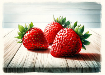 Poster - Three ripe strawberries on a white wooden surface with a blurred background, ideal for summer themes and culinary concepts