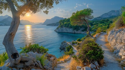 Spring sunrise along a picturesque coastal trail. This stunning view features a golden sunrise, a serene sea, and rugged mountains, perfect for nature and travel enthusiasts.