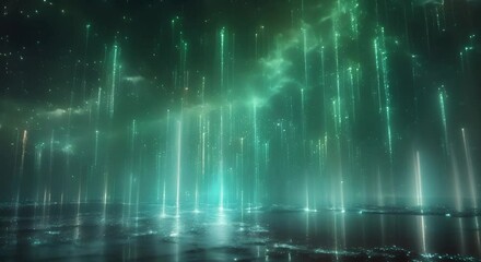 A green and blue sky with a lot of lights and stars