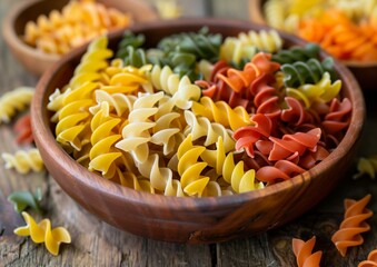 Wall Mural - Colorful Fusilli Pasta in Wooden Bowl on Rustic Table, Healthy Italian Food Concept