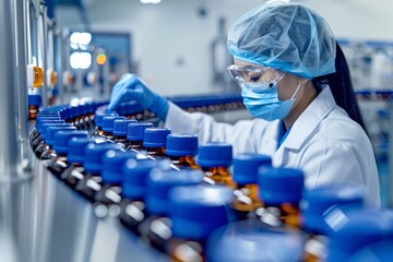 Wall Mural - a woman in a lab coat is wearing a blue and white lab coat and a blue