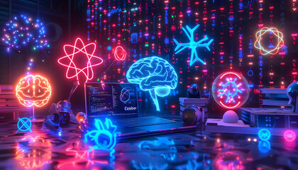 Wall Mural - a computer monitor with a brain on it is surrounded by other computer parts and objects. concept of 