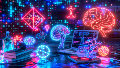Wall Mural - a computer monitor with a brain on it is surrounded by other computer parts and objects. concept of 