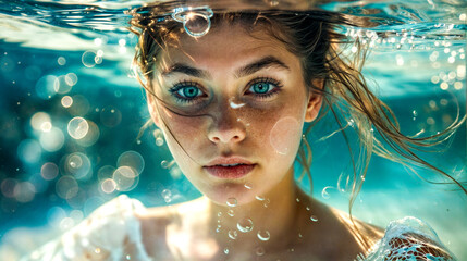 Wall Mural - Beautiful young woman under water with bubbles on her head and blue eyes.