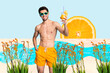 Composite photo collage of happy guy hold cocktail beverage summer travel resort stand ocean beach flower isolated on painted background