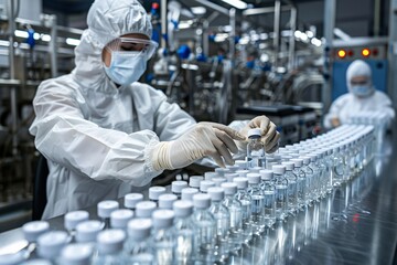 Wall Mural - A man in a white lab coat is working with a bottle of medicine