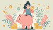 Woman putting coin into piggy bank on color background