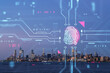 Double exposure of a fingerprint hologram over a New York cityscape at dusk. Futuristic cybersecurity concept. Double exposure
