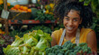 Radiant black female farmer sells sustainable organic veggies at an eco market on a sunny summer day. Joyful and successful, she manages her stall with eco-conscious flair.