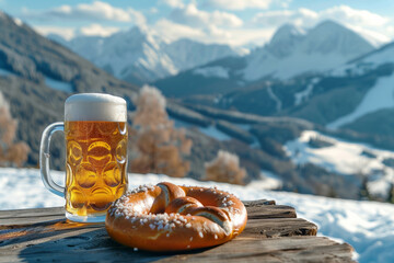 Wall Mural - Beer and Pretzel Against Mountain Backdrop