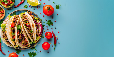 Wall Mural - Mexican tacos on a blue background with vegetables and chili. Flat lay banner template design for advertising cafes, fast food, restaurants and menus. Copyspace