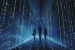Inspiring teamwork: Silhouettes of business people united as a blue matrix code formation, movie poster concept.