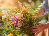 Fototapeta Lawenda - A florist's hands arranging a bouquet of wildflowers, close-up with vibrant blooms, soft-focus flower shop background. 