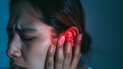 Wall Mural - Symptom Illustration: Person Grimacing, Clutching Ear with Signs of Otitis and Otalgia, for medical website content, for health-related articles