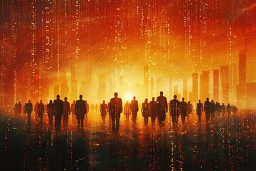 Uplifting scene: Silhouette business people in a dynamic orange matrix code composition, reminiscent of a movie poster.