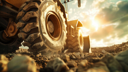Wall Mural - A powerful, large truck plowing down a rugged dirt road on a construction site, leaving a trail of dust behind