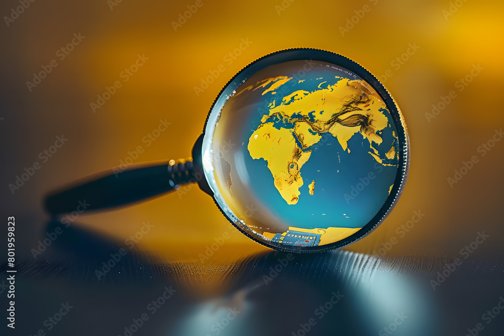 Magnifier with world map element. Global search concept. AI generated ...