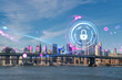 New York City skyline with Brooklyn Bridge, overlaid with a futuristic security hologram. Double exposure