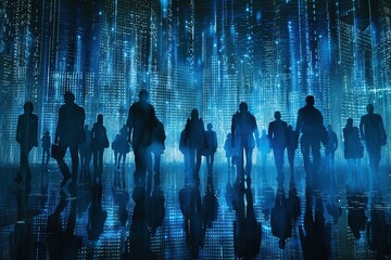 Canvas Print - Tech-Powered Inspiration: A movie poster-style composition featuring a group of business people in silhouette, their forms comprised of inspiring blue matrix code.