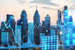 Philadelphia cityscape with digital financial graphs overlay, depicting future technology and business concept on an urban background. Double exposure