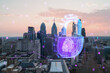 Philadelphia skyline at dusk with a digital fingerprint hologram overlay. Photorealistic with double exposure. Technology and security concept. Double exposure
