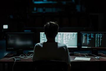 A man is sitting in front of a computer with three monitors. He is wearing a jacket and he is focused on his work. The room is dimly lit, giving it a serious and focused atmosphere