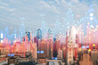 Philadelphia cityscape with holographic data overlay, light background, technology and future concept. Double exposure