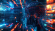 An automotive lighting themed computer generated image of a human head with a glowing electric blue brain, representing creativity and intelligence in a dark city setting