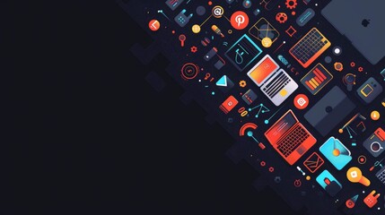  High-tech digital technology background with vibrant icons.