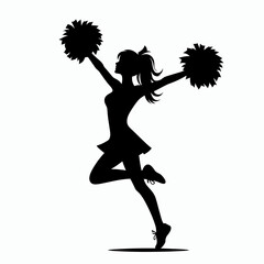 A black silhouette of a cheerleader jumping in the air with pom poms in her hands.