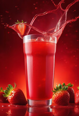 Wall Mural - ad image red drink with water splash motion and mystical strawberry elements around the background