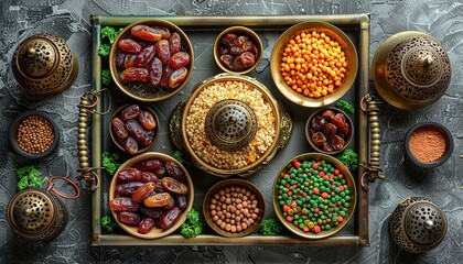 Sticker - Top view, a flat lay with dates, Dried fruits, a lantern in a tray on a gray background 