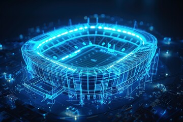 A holographic blueprint of a football stadium, its iconic form outlined in intricate neon blue patterns, suspended against a dark void.