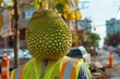A jackfruit in a utility vest, managing a construction site