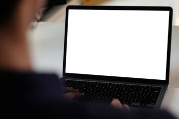 laptop computer screen mockup, template background, man hand typing laptop computer with blank scree