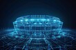 A holographic blueprint of a football stadium, its iconic form outlined in intricate neon blue patterns, suspended against a dark void.