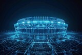 Fototapeta Tęcza - A holographic blueprint of a football stadium, its iconic form outlined in intricate neon blue patterns, suspended against a dark void.