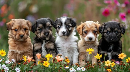 Wall Mural - Group of puppies sitting in field of flowers